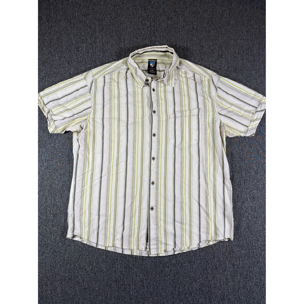 Kuhl‎ Mens Suncel Short Sleeve Button Down Shirt Large Green Grey Striped Hiking